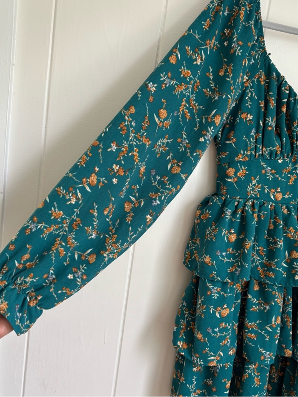 Teal Floral Tiered Long-Sleeve Dress by - Picture 5 of 6
